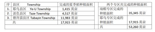 实皆省瑞帽专区及耶乌专区完成了夏季稻5万多英亩的种植工作